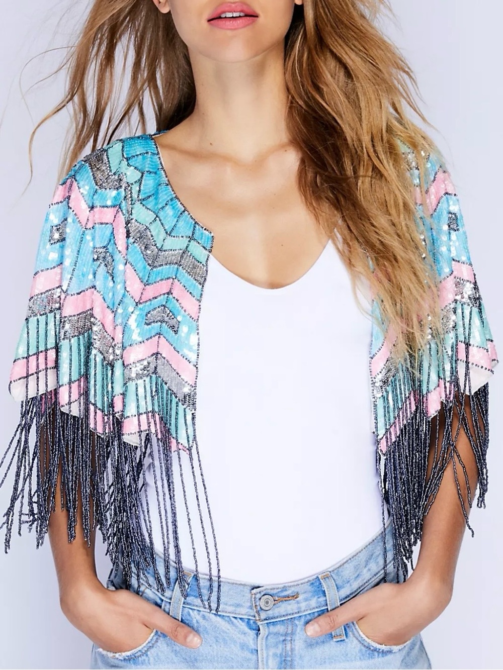 Free people Party All Night Sequin Cape With Beaded Fringe O/S